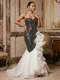 Sequin Mermaid/Trumpet Strapless Floor-Length Evening Dresses with Ruffles & Sweep Train