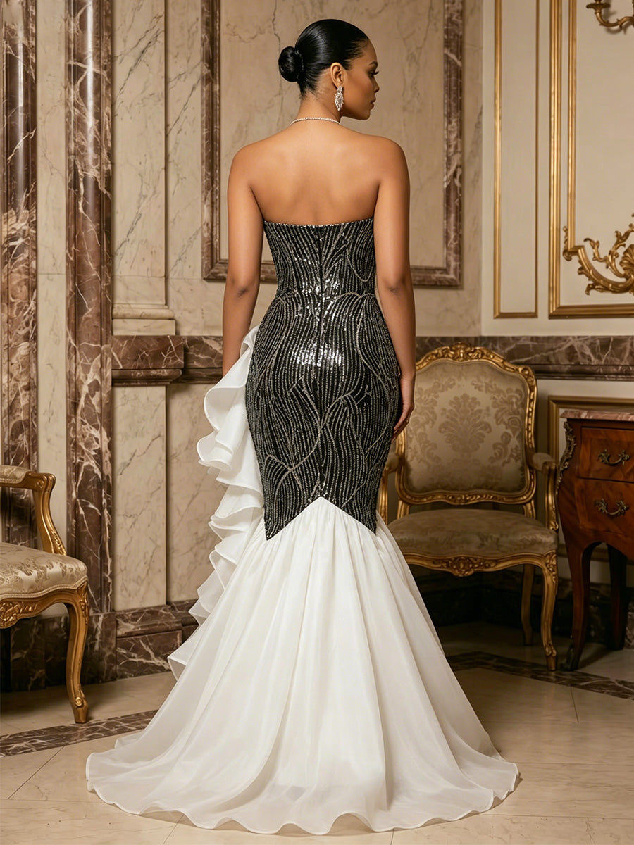 Sequin Mermaid/Trumpet Strapless Floor-Length Evening Dresses with Ruffles & Sweep Train