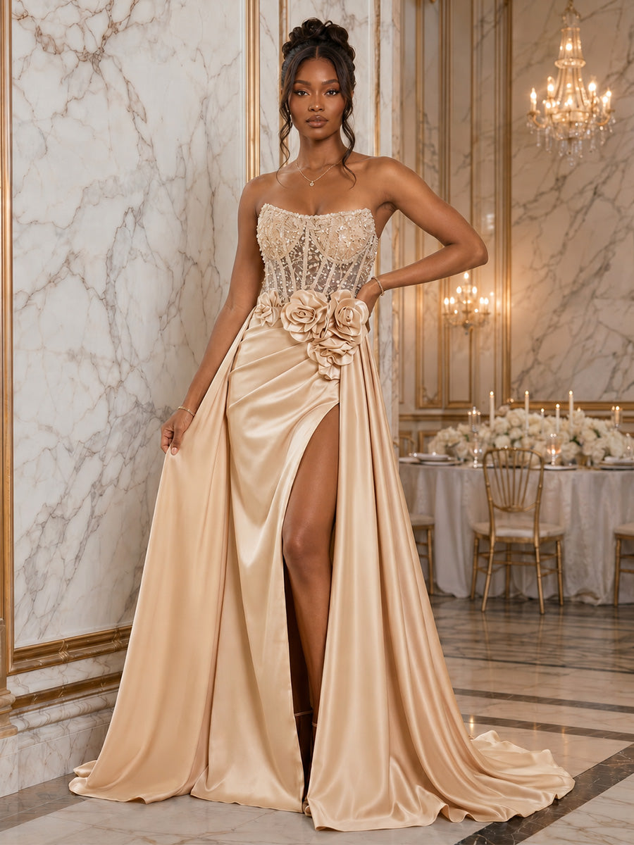 Satin Sheath/Column Strapless Floor-Length Evening Dresses with 3D Flowers Corset Bodice, Slit & Sweep Train
