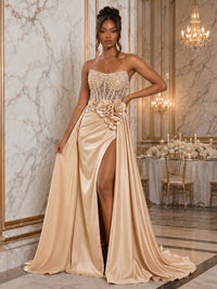 Satin Sheath/Column Strapless Floor-Length Evening Dresses with 3D Flowers Corset Bodice, Slit & Sweep Train