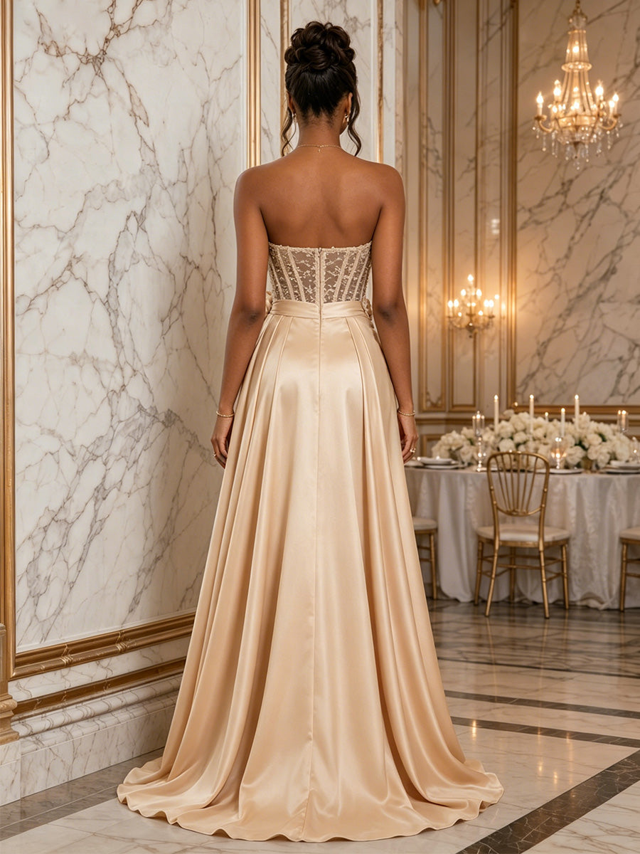 Satin Sheath/Column Strapless Floor-Length Evening Dresses with 3D Flowers Corset Bodice, Slit & Sweep Train