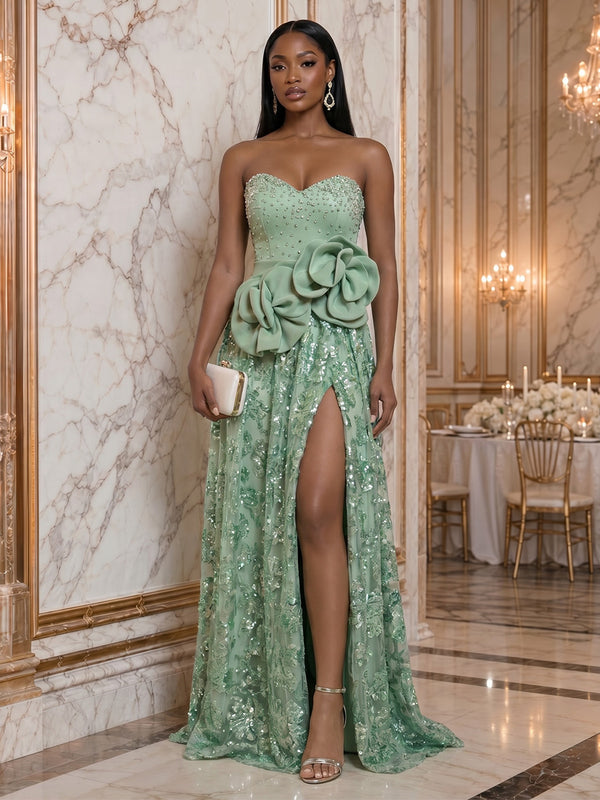 Sequin Floral A-Line/Princess Strapless Floor-Length Evening Dresses with Rhinestones Satin Bodice, Pleats, 3D Flowers & Slit