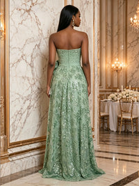 Sequin Floral A-Line/Princess Strapless Floor-Length Evening Dresses with Rhinestones Satin Bodice, Pleats, 3D Flowers & Slit