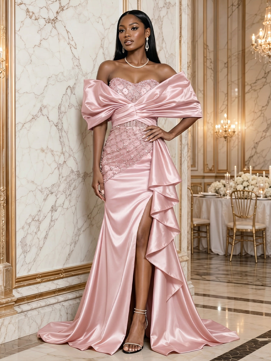 Satin Sheath/Column Off Shoulder Floor-Length Evening Dresses with Ruffles & Slit