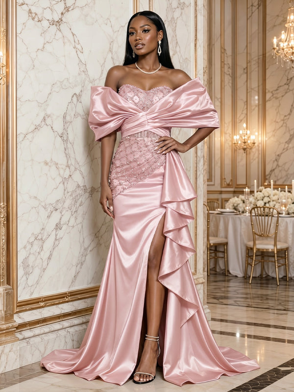 Satin Sheath/Column Off Shoulder Floor-Length Evening Dresses with Ruffles & Slit