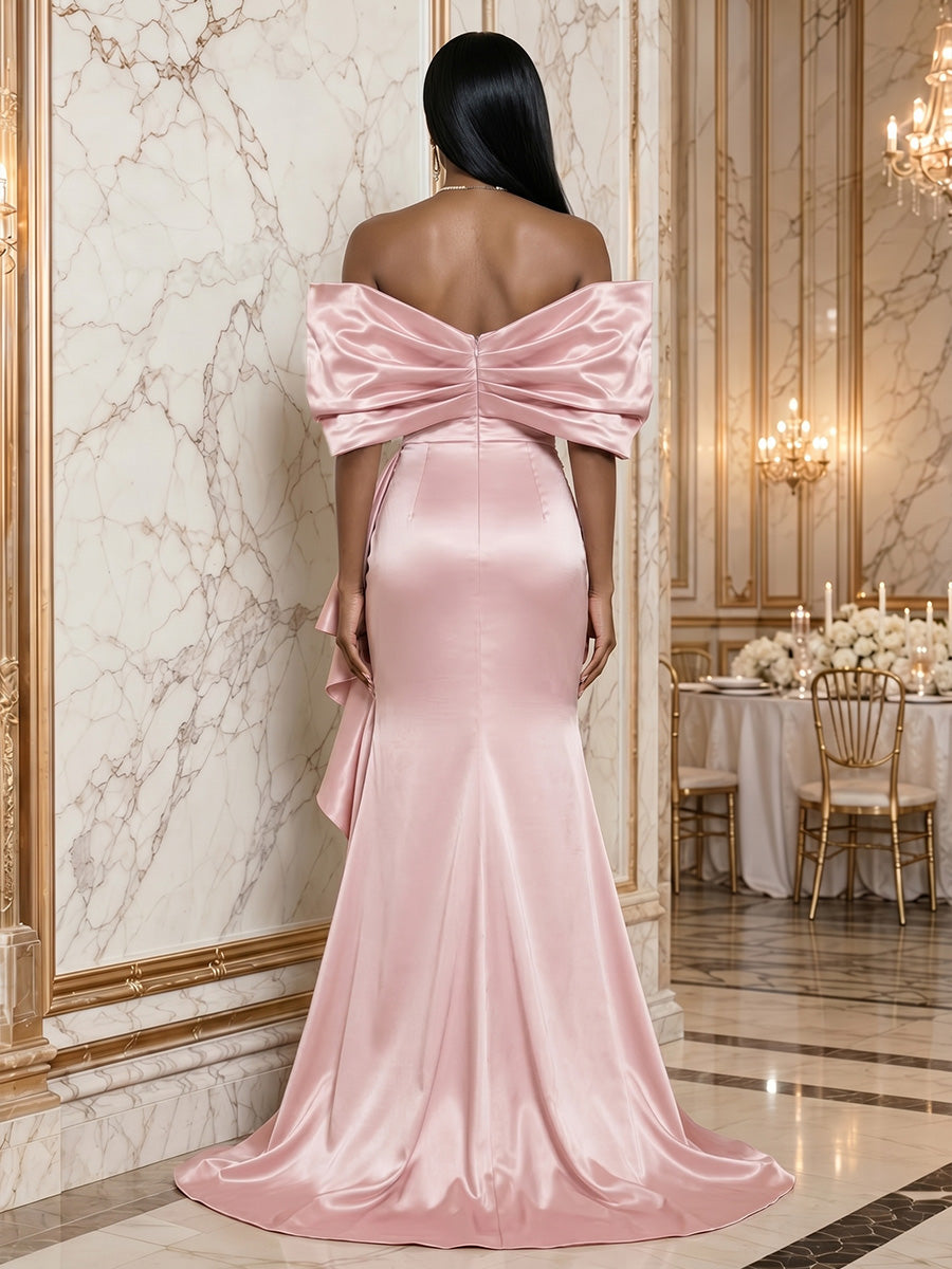 Satin Sheath/Column Off Shoulder Floor-Length Evening Dresses with Ruffles & Slit