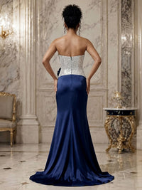 Satin Sheath/Column Strapless Floor-Length Evening Dresses with Ruched Waist & Slit