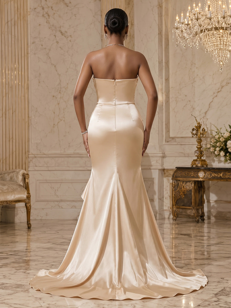 Satin Sheath/Column Strapless Floor-Length Evening Dresses with Ruffles, Ruched Bodice & Slit