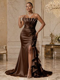Satin Sheath/Column Strapless Floor-Length Evening Dresses with Ruffles, Ruched Bodice & Slit