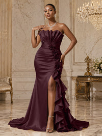 Satin Sheath/Column Strapless Floor-Length Evening Dresses with Ruffles, Ruched Bodice & Slit
