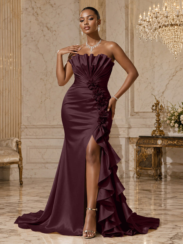 Satin Sheath/Column Strapless Floor-Length Evening Dresses with Ruffles, Ruched Bodice & Slit
