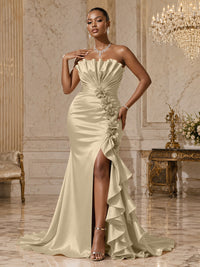 Satin Sheath/Column Strapless Floor-Length Evening Dresses with Ruffles, Ruched Bodice & Slit