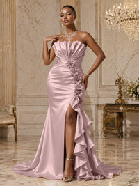 Satin Sheath/Column Strapless Floor-Length Evening Dresses with Ruffles, Ruched Bodice & Slit
