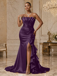 Satin Sheath/Column Strapless Floor-Length Evening Dresses with Ruffles, Ruched Bodice & Slit