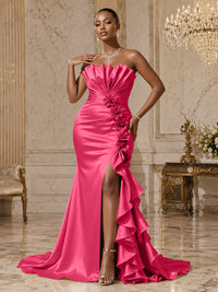 Satin Sheath/Column Strapless Floor-Length Evening Dresses with Ruffles, Ruched Bodice & Slit