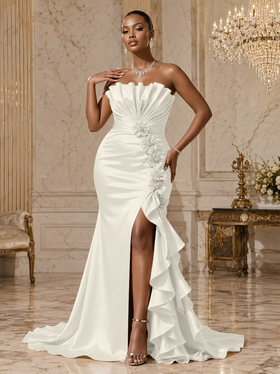 Satin Sheath/Column Strapless Floor-Length Evening Dresses with Ruffles, Ruched Bodice & Slit