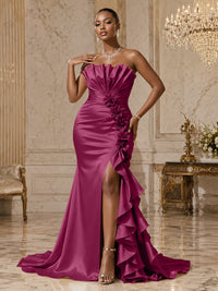 Satin Sheath/Column Strapless Floor-Length Evening Dresses with Ruffles, Ruched Bodice & Slit