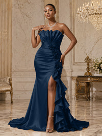 Satin Sheath/Column Strapless Floor-Length Evening Dresses with Ruffles, Ruched Bodice & Slit