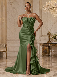 Satin Sheath/Column Strapless Floor-Length Evening Dresses with Ruffles, Ruched Bodice & Slit