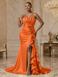 Satin Sheath/Column Strapless Floor-Length Evening Dresses with Ruffles, Ruched Bodice & Slit