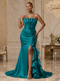Satin Sheath/Column Strapless Floor-Length Evening Dresses with Ruffles, Ruched Bodice & Slit