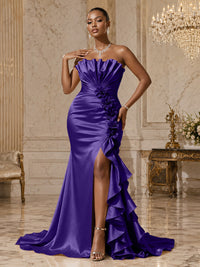 Satin Sheath/Column Strapless Floor-Length Evening Dresses with Ruffles, Ruched Bodice & Slit