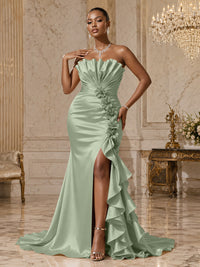 Satin Sheath/Column Strapless Floor-Length Evening Dresses with Ruffles, Ruched Bodice & Slit