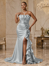 Satin Sheath/Column Strapless Floor-Length Evening Dresses with Ruffles, Ruched Bodice & Slit