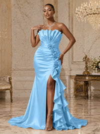 Satin Sheath/Column Strapless Floor-Length Evening Dresses with Ruffles, Ruched Bodice & Slit
