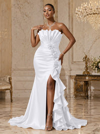 Satin Sheath/Column Strapless Floor-Length Evening Dresses with Ruffles, Ruched Bodice & Slit
