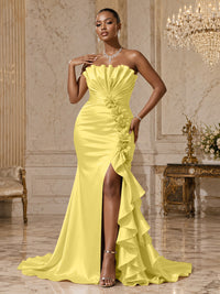 Satin Sheath/Column Strapless Floor-Length Evening Dresses with Ruffles, Ruched Bodice & Slit