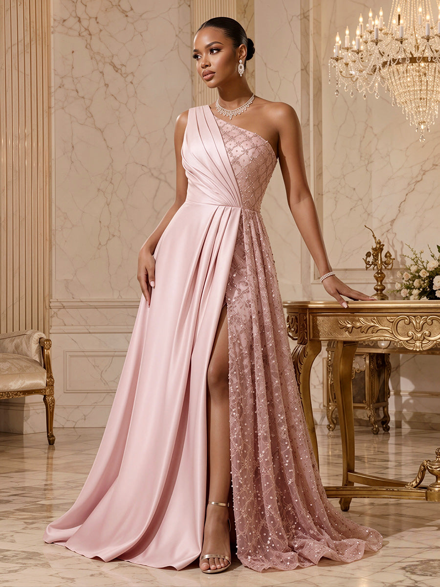 Satin A-Line/Princess One Shoulder Floor-Length Evening Dresses with Ruched Waist & Slit