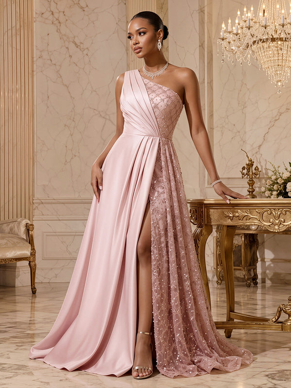Satin A-Line/Princess One Shoulder Floor-Length Evening Dresses with Ruched Waist & Slit