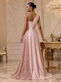 Satin A-Line/Princess One Shoulder Floor-Length Evening Dresses with Ruched Waist & Slit