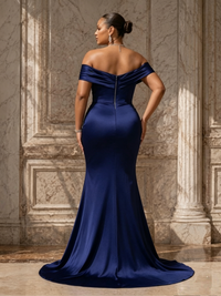 Satin Sheath/Column Off Shoulder Floor-Length Evening Dresses with Ruched Waist, Sweep Train & Slit