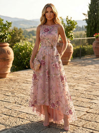 Sequin Floral A-Line/Princess Scoop Neck High-Low Evening Dresses with Pleats & Pockets