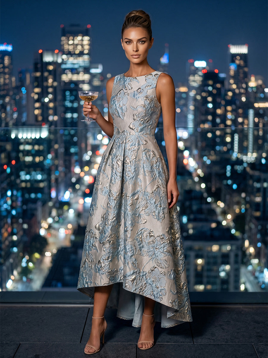 Jacquard A-Line/Princess Scoop Neck High-Low Evening Dresses with Ruched Waist