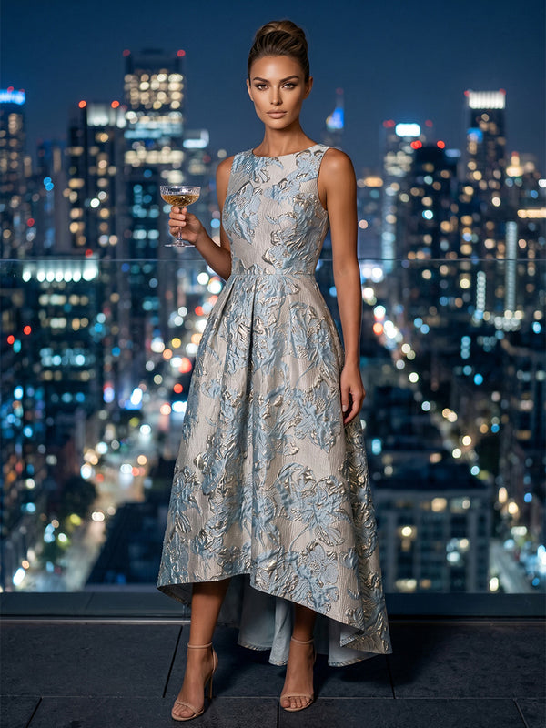Jacquard A-Line/Princess Scoop Neck High-Low Evening Dresses with Ruched Waist