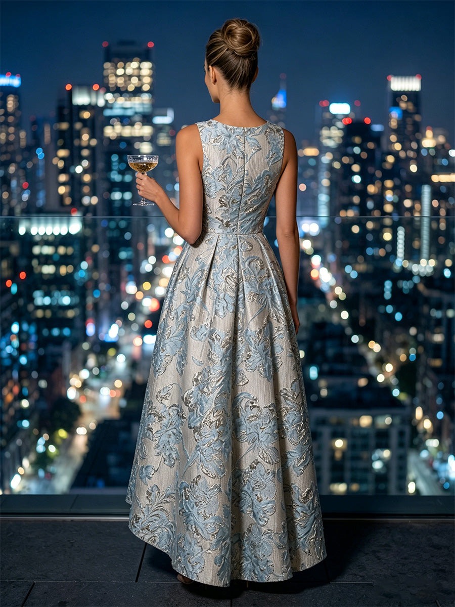 Jacquard A-Line/Princess Scoop Neck High-Low Evening Dresses with Ruched Waist