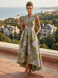 Jacquard A-Line/Princess V-Neck High-Low Evening Dresses with Ruched Waist & Pockets