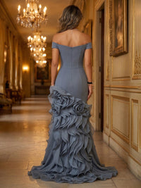 Satin Mermaid/Trumpet Off Shoulder Floor-Length Evening Dresses with Tiered Layers