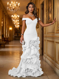 Satin Mermaid/Trumpet Off Shoulder Floor-Length Evening Dresses with Tiered Layers