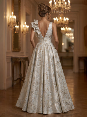 Jacquard A-Line/Princess V-Neck High-Low Evening Dresses with Ruffles, Pleats & Pockets