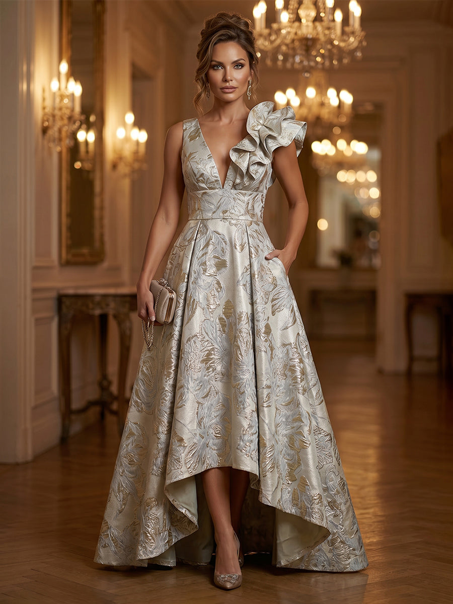 Jacquard A-Line/Princess V-Neck High-Low Evening Dresses with Ruffles, Pleats & Pockets