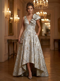 Jacquard A-Line/Princess V-Neck High-Low Evening Dresses with Ruffles, Pleats & Pockets
