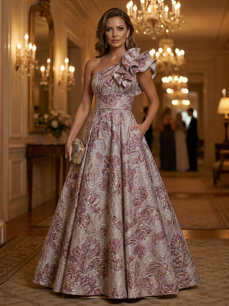 Jacquard A-Line/Princess One Shoulder Floor-Length Evening Dresses with Ruffles, Pleats & Pockets
