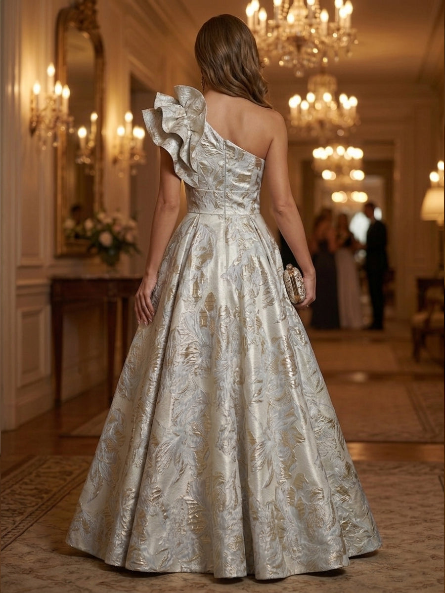 Jacquard A-Line/Princess One Shoulder Floor-Length Evening Dresses with Ruffles, Pleats & Pockets