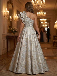 Jacquard A-Line/Princess One Shoulder Floor-Length Evening Dresses with Ruffles, Pleats & Pockets
