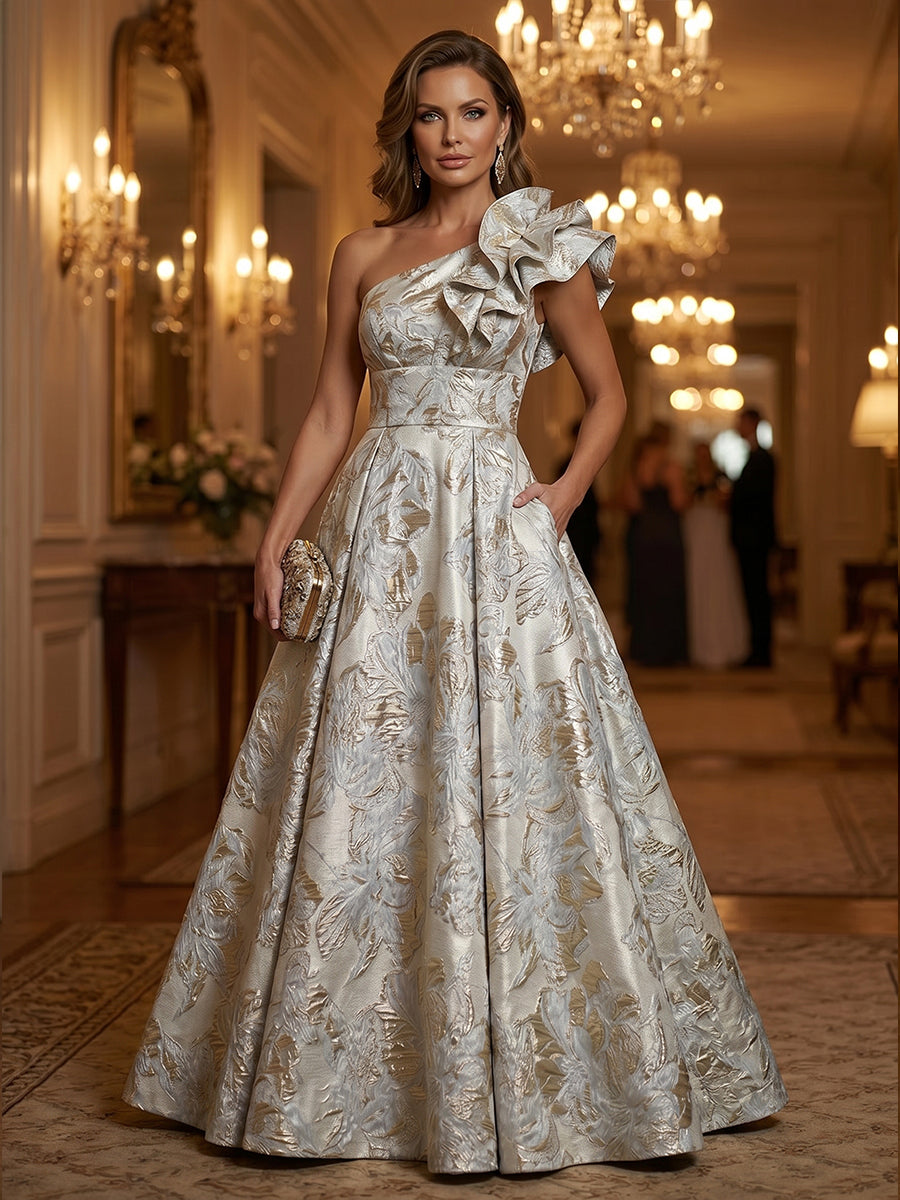 Jacquard A-Line/Princess One Shoulder Floor-Length Evening Dresses with Ruffles, Pleats & Pockets