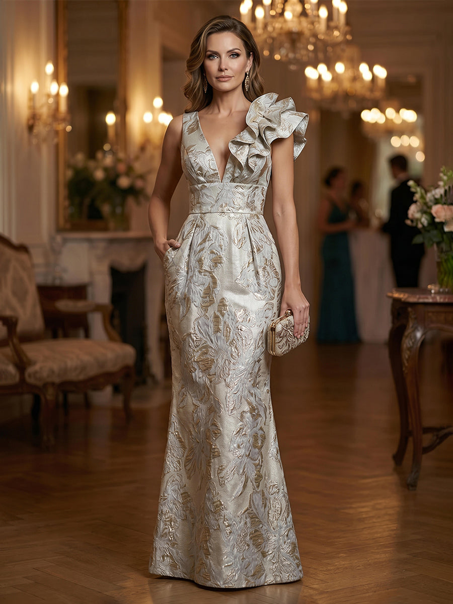 Jacquard Sheath/Column One Shoulder Floor-Length Evening Dresses with Ruffles & Ruched Waist
